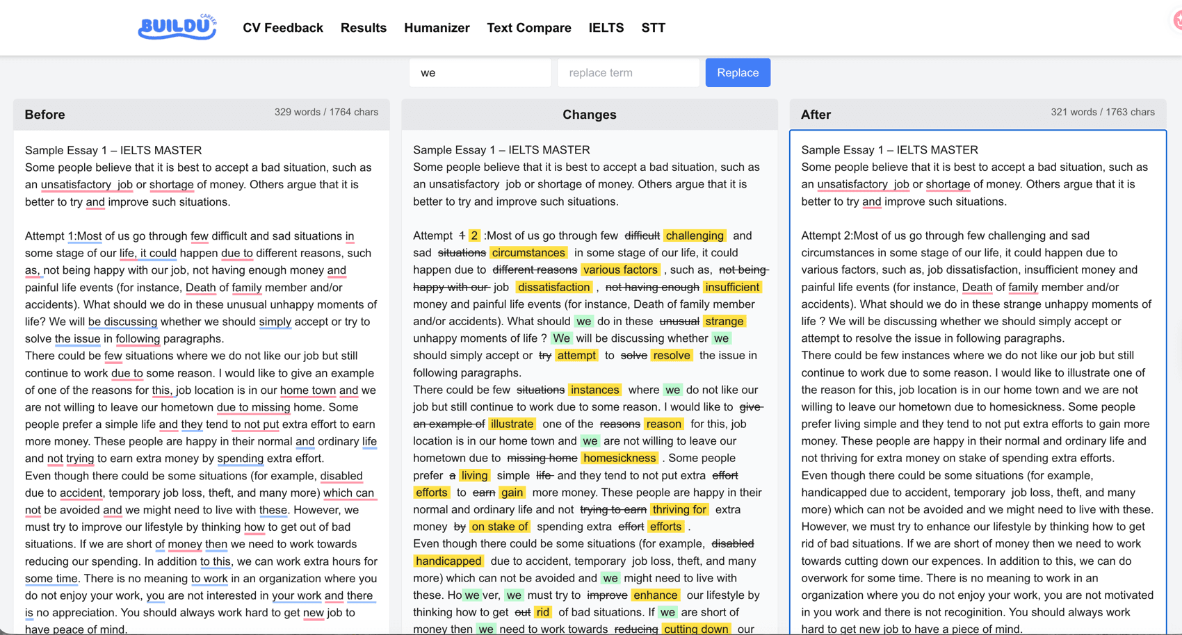Text compare, the piece I use most. Three panes — before, changes, after — with a word-level diff rather than a line diff, so a single substituted word shows as a strikethrough and its replacement rather than repainting the whole paragraph. Word and character counts on both sides, and find-and-replace across the pair. Rewriting the same paragraph five times is the actual job when you are drafting applications in a second language, and line diffs are useless for it.