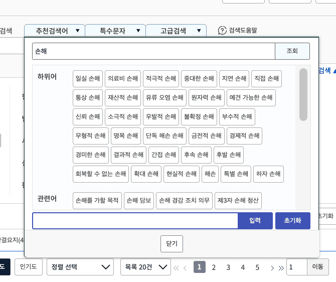 The part of this work I would point at first. Expanding a query term does not mean fetching synonyms — in law it means walking a hierarchy. Here 손해 (damages) expands into hyponyms (lost profit, medical expenses, direct, consequential, foreseeable, irrecoverable) and separately into related concepts (intent to cause damage, damage security, mitigation duty). A user searching the general term still reaches judgments that only ever use the specific one, which is exactly the omission problem a court system cannot tolerate.